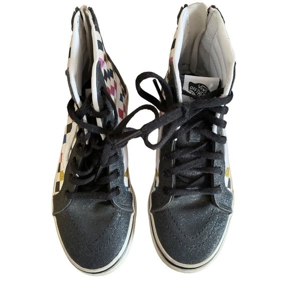 Size 2.5 VANS High tops sparkle Glitter checkered multicolor Zip Back Lace Up - Picture 2 of 6